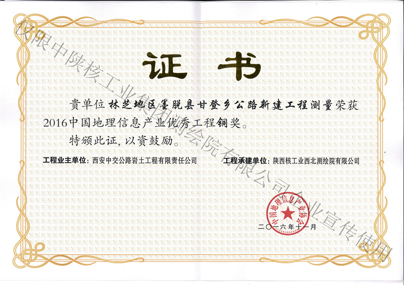 2016年11月林芝地区墨脱县甘登乡公路新建工程测量铜奖-产业协会